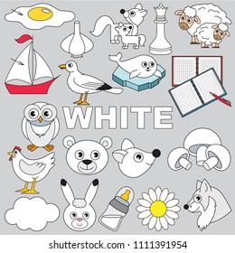 White Objects Color elements set, collection of coloring book template, the group of outline digital elements vector illustration, kid educational game page.