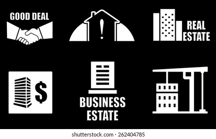 white objects on black background with real estate industry icons set