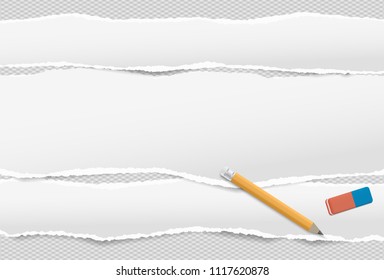 White oblong paper strips with torn edge in horizontal position paper for note placed on squared background. Vector illustration