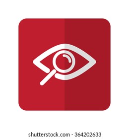White Observe flat icon on red rounded square on white