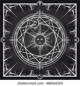 White occult hermetic circle vector illustration. Alchemy magic circle on chalkboard background