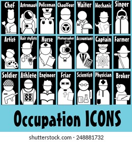 White occupation icons on blue background