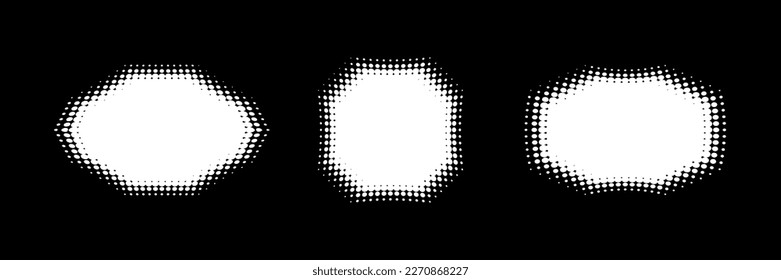 White octagon halftone frames. Grunge set of halftone polygons. Distort shapes. Vector illustration