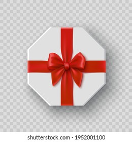 White octagonal gift box with red bow on transparent background. Package with ribbon. Vector illustration.