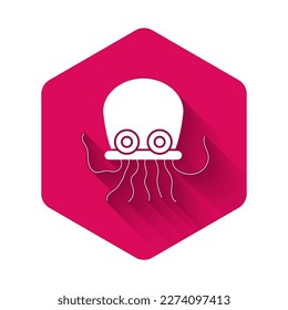 Icono del pulpo blanco aislado con una sombra larga. Botón hexágono rosado. Vector
