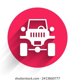 White Off road car icon isolated with long shadow. Jeep sign. Red circle button. Vector