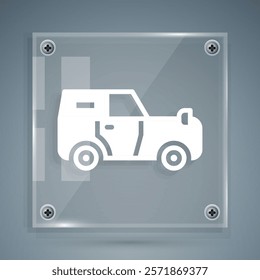 White Off road car icon isolated on grey background. Jeep sign. Square glass panels. Vector