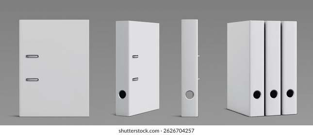 White office binders and folders mockup set from various angles. Blank ring covers with metal clips - arch files and document storage folders. Realistic 3d stationery supplies for branding design.
