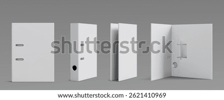 White office binders and folders mockup set from various angles. Blank ring covers with metal clips - arch files and document storage folders. Realistic 3d stationery supplies for branding design.