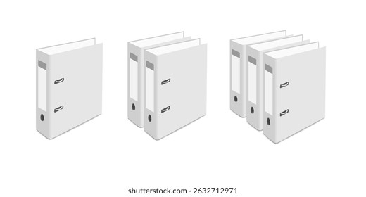 White office binders, folders set mockups .Realistic 3d stationery supplies, blank ring covers with metal clips, document storage folders