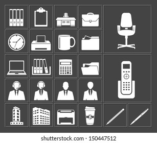 white office and business web icon set on dark background