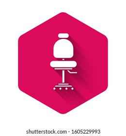 White Office chair icon isolated with long shadow. Pink hexagon button. Vector Illustration