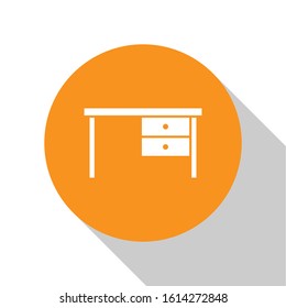 White Office desk icon isolated on white background. Orange circle button. Vector Illustration