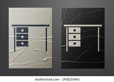 White Office desk icon isolated on crumpled paper background. Paper art style. Vector Illustration