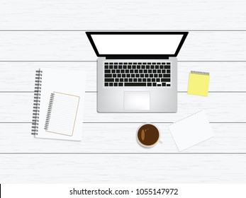 White office desk table with blank notebook, computer keyboard and other office supplies. Top view with copy space, flat lay. on white wood table background vector illustration.