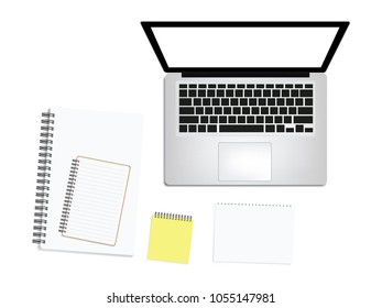 White office desk table with blank notebook, computer keyboard and other office supplies. Top view with copy space, flat lay. vector illustration.