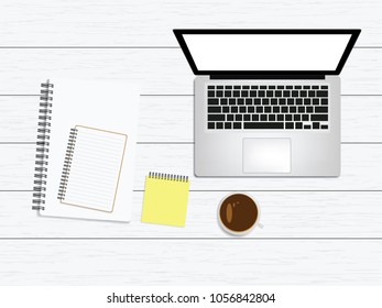 White office desk table with blank notebook, computer keyboard and other office supplies. Top view with copy space, flat lay. on white wood table background vector illustration.