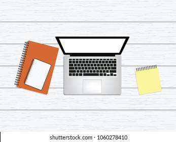 White office desk table with blank notebook, computer keyboard and other office supplies. Top view with copy space, flat lay. on white wood table background vector illustration.
