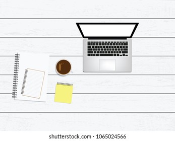 White office desk table with blank notebook, computer keyboard and other office supplies. Top view with copy space, flat lay. on white wood table background vector illustration.