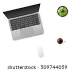 White office desk table with laptop, mouse, cup of coffee and succulent flower in pot. Top view with copy space. Flat lay. Vector illustration. EPS10.