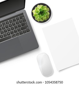 White office desk table with laptop, mouse, succulent flower in pot and sheet of paper. Top view with copy space. Flat lay. Vector illustration. 