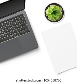 White office desk table with laptop, succulent flower in pot and sheet of paper. Top view with copy space. Flat lay. Vector illustration