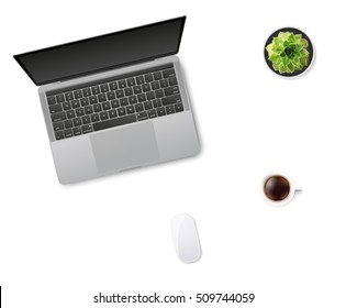 White office desk table with laptop, mouse, cup of coffee and succulent flower in pot. Top view with copy space. Flat lay. Vector illustration. EPS10.