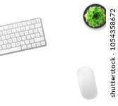 White office desk table with wireless aluminum keyboard, mouse and succulent flower in pot. Top view with copy space. Flat lay. Vector illustration.
