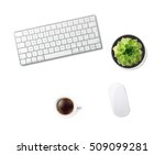 White office desk table with wireless aluminum keyboard, mouse, cup of coffee and succulent flower in pot. Top view with copy space. Flat lay. Vector illustration. EPS10.

