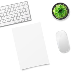 White office desk table with wireless aluminum keyboard, sheet of paper, mouse and succulent flower in pot. Top view with copy space. Flat lay. Vector illustration.