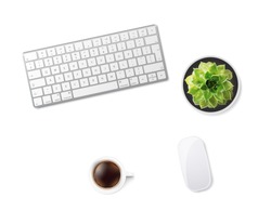 White office desk table with wireless aluminum keyboard, mouse, cup of coffee and succulent flower in pot. Top view with copy space. Flat lay. Vector illustration. EPS10.

