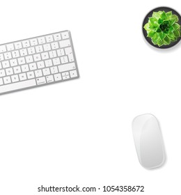 White office desk table with wireless aluminum keyboard, mouse and succulent flower in pot. Top view with copy space. Flat lay. Vector illustration.