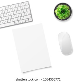 White office desk table with wireless aluminum keyboard, sheet of paper, mouse and succulent flower in pot. Top view with copy space. Flat lay. Vector illustration.