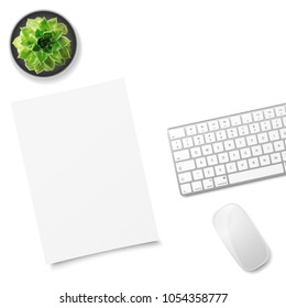 White office desk table with wireless aluminum keyboard, sheet of paper, mouse and succulent flower in pot. Top view with copy space. Flat lay. Vector illustration.