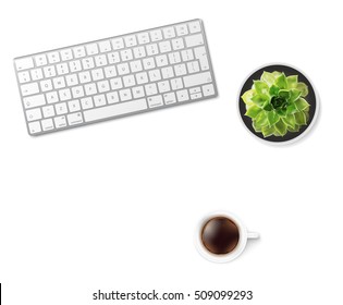 White office desk table with wireless aluminum keyboard, cup of coffee and succulent flower in pot. Top view with copy space. Flat lay. Vector illustration. EPS10.
