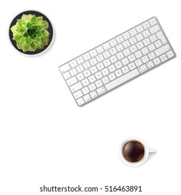 White office desk table with wireless aluminum keyboard, cup of coffee and succulent flower in pot. Top view with copy space. Flat lay. Vector illustration. EPS10.
