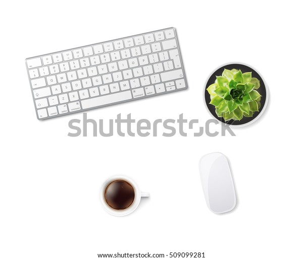 白いオフィスの机の上に ワイヤレスのアルミキーボード マウス コーヒー 鉢に入れた吸い花が付いたテーブル コピースペースを含む平面図 平らなレイ ベクターイラスト Eps10 のベクター画像素材 ロイヤリティ フリー