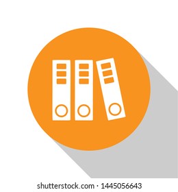 White Office folders with papers and documents icon isolated on white background. Office binders. Archives folder sign. Orange circle button. Vector Illustration