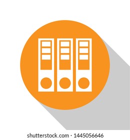 White Office folders with papers and documents icon isolated on white background. Office binders. Archives folder sign. Orange circle button. Vector Illustration