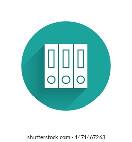 White Office folders with papers and documents icon isolated with long shadow. Office binders. Archives folder sign. Green circle button. Vector Illustration