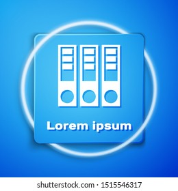 White Office folders with papers and documents icon isolated on blue background. Office binders. Archives folder sign. Blue square button. Vector Illustration