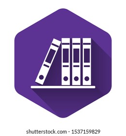 White Office folders with papers and documents icon isolated with long shadow. Archives folder sign. Purple hexagon button. Vector Illustration