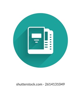 White Office folders with papers and documents icon isolated with long shadow. Office binders. Archives folder sign. Green circle button. Vector