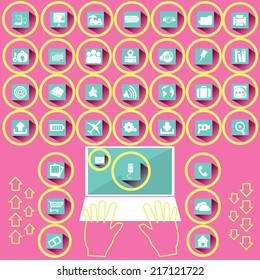 white office icons on green square