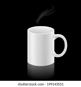 White office mug with a small stream of smoke above it on black background.