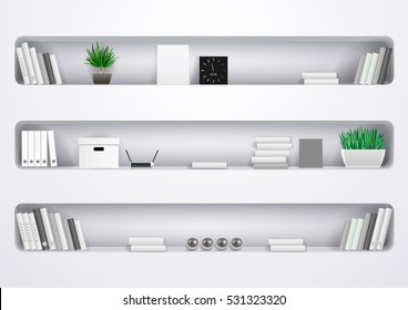 White office shelves or living room with books and office documents, literature, and household items. Vector graphics