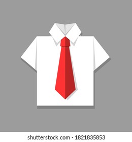 White office shirt with red tie on gray background. Origami paper effect. Vector illustration