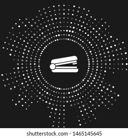 White Office stapler icon isolated on grey background. Stapler, staple, paper, cardboard, office equipment. Abstract circle random dots. Vector Illustration