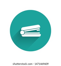 White Office stapler icon isolated with long shadow. Stapler, staple, paper, cardboard, office equipment. Green circle button. Vector Illustration