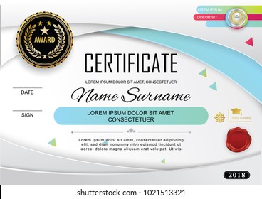 White official certificate with badge and wafer. Vector template. Grey colorful design elements on white background. Official blank. Business background. Spring colors 